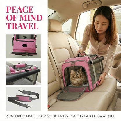 Airline Approved Pet Carrier Soft Sided Collapsible for Cats & Small Dogs - Breathable Oxford Cloth Travel Bag with Zipper Closure, Privacy Cover & Combo Set with Collar Leash Harness, Blue Pink Grey Green Beige