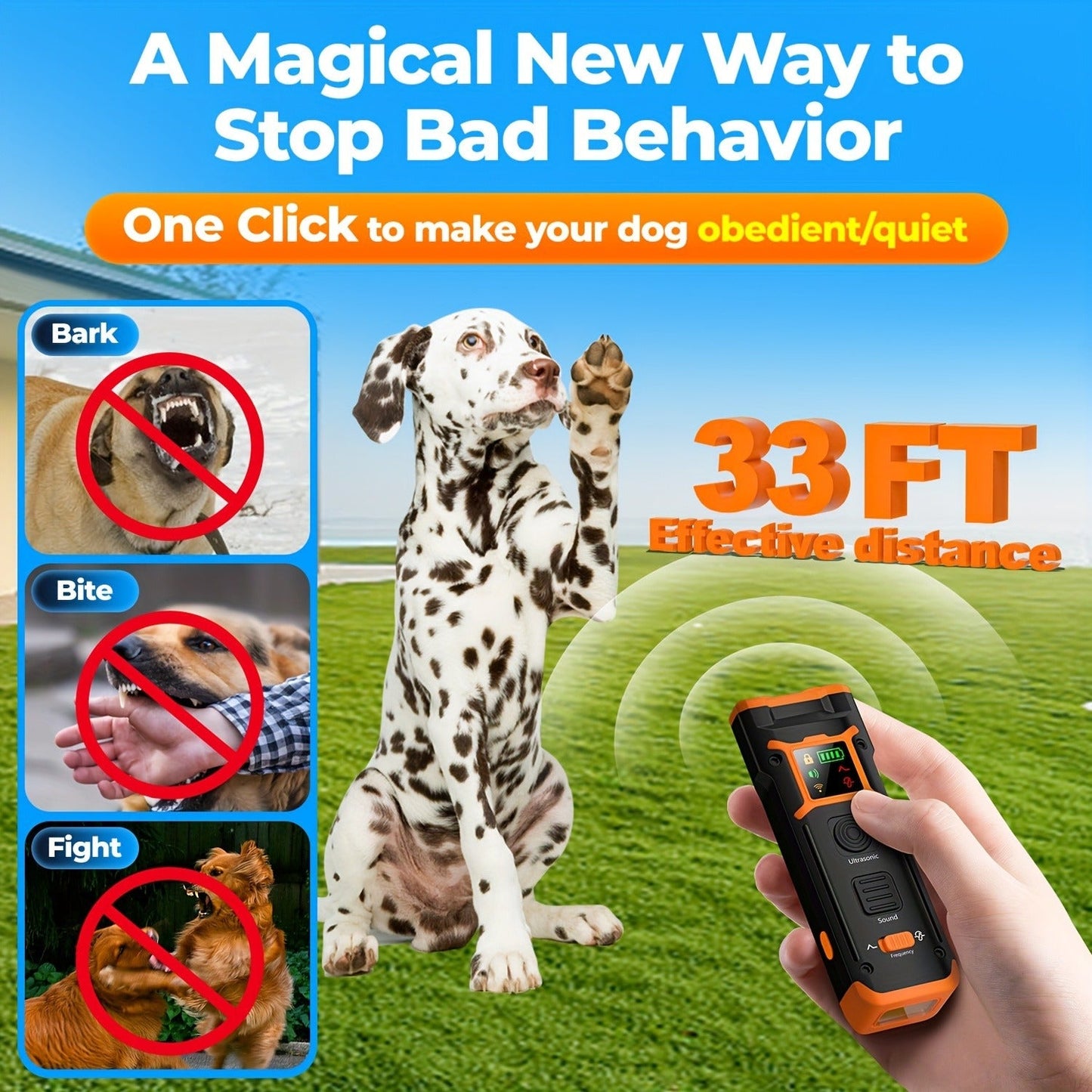 Ultrasonic Dog Repeller & Anti-Barking Device - Portable Handheld Bark Deterrent with LED Light, Soundwave Technology, Safe for Dogs & Humans, One Size Fits All Breeds