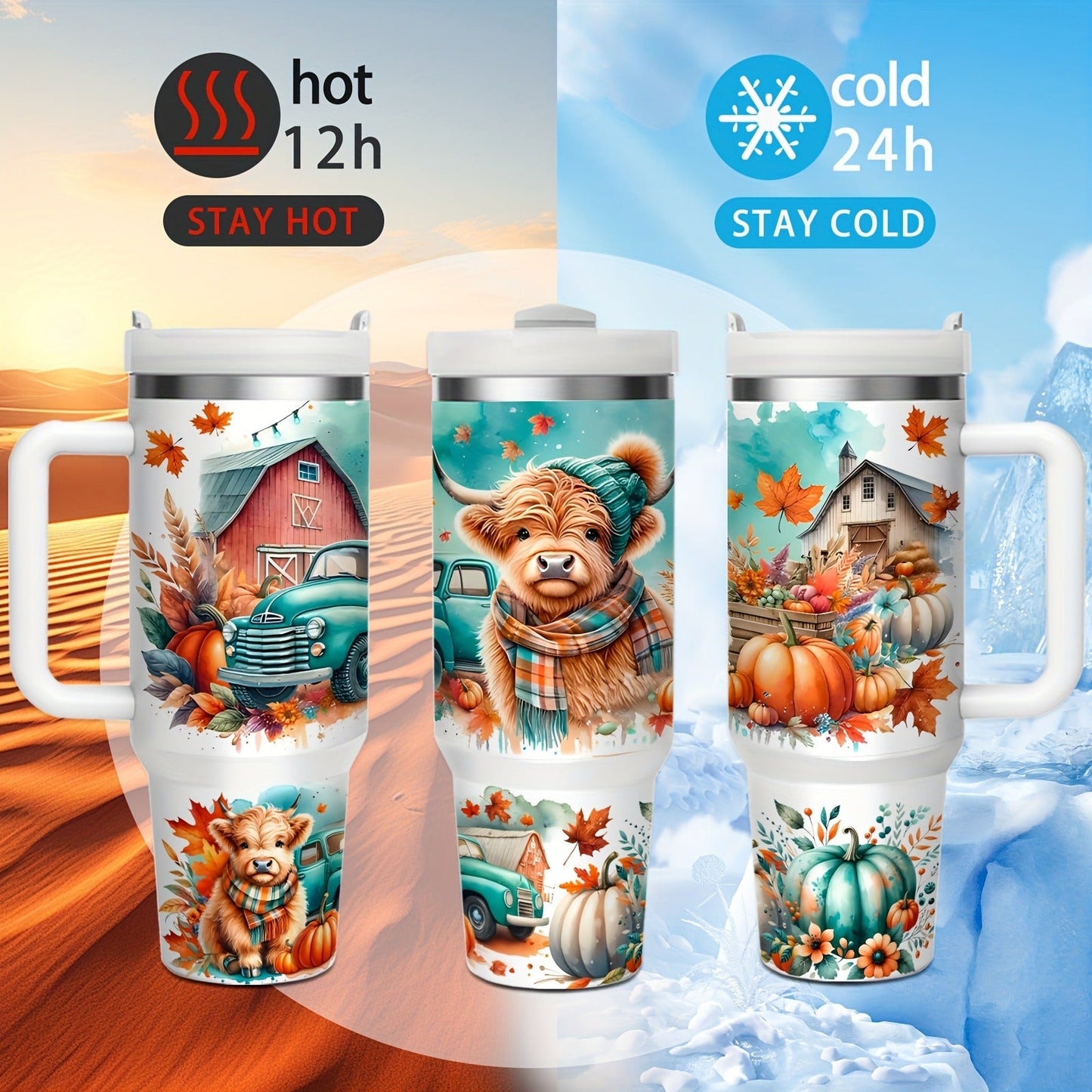 Stainless Steel Insulated Tumbler With Lid and Straw, 40oz & 16oz Highland Cow Thanksgiving Water Bottle With Handle, Keeps Cold 24 Hours Hot 12 Hours, Portable Travel Cup for Car Home Office Birthday Gift
