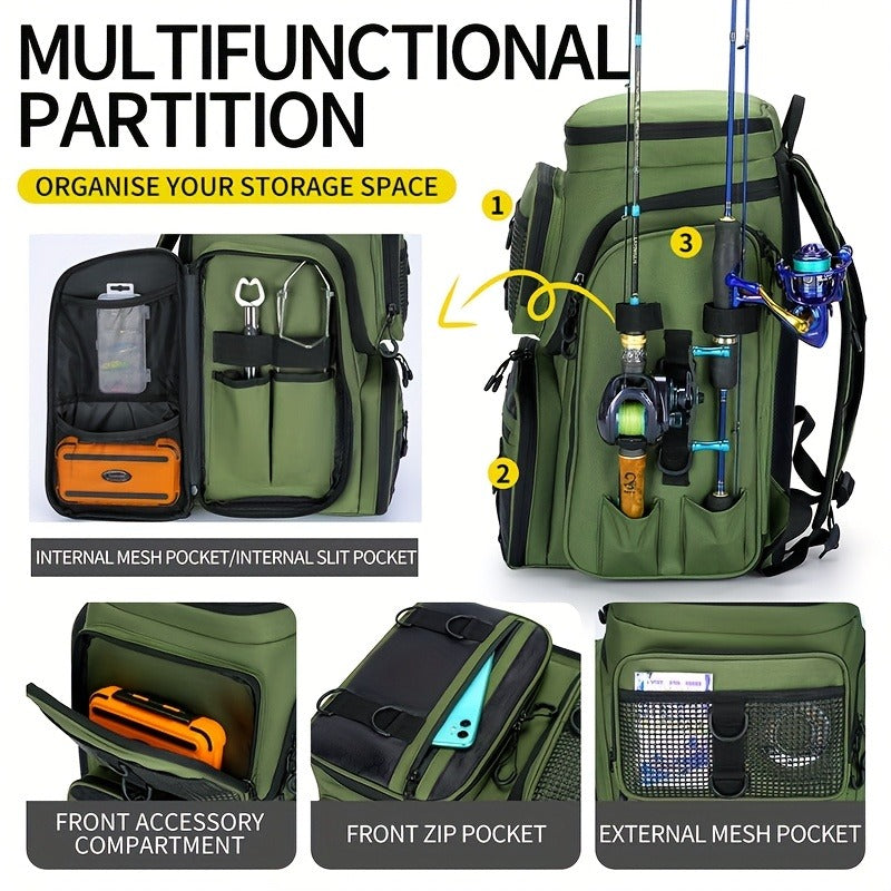 Fishing Backpack with Rod Holder 45L – Large Capacity Outdoor Tackle Bag, Waterproof Travel Shoulder Pack for Fishing Camping Hiking, Multi-Pocket Lure Storage Rucksack with Zipper Closure