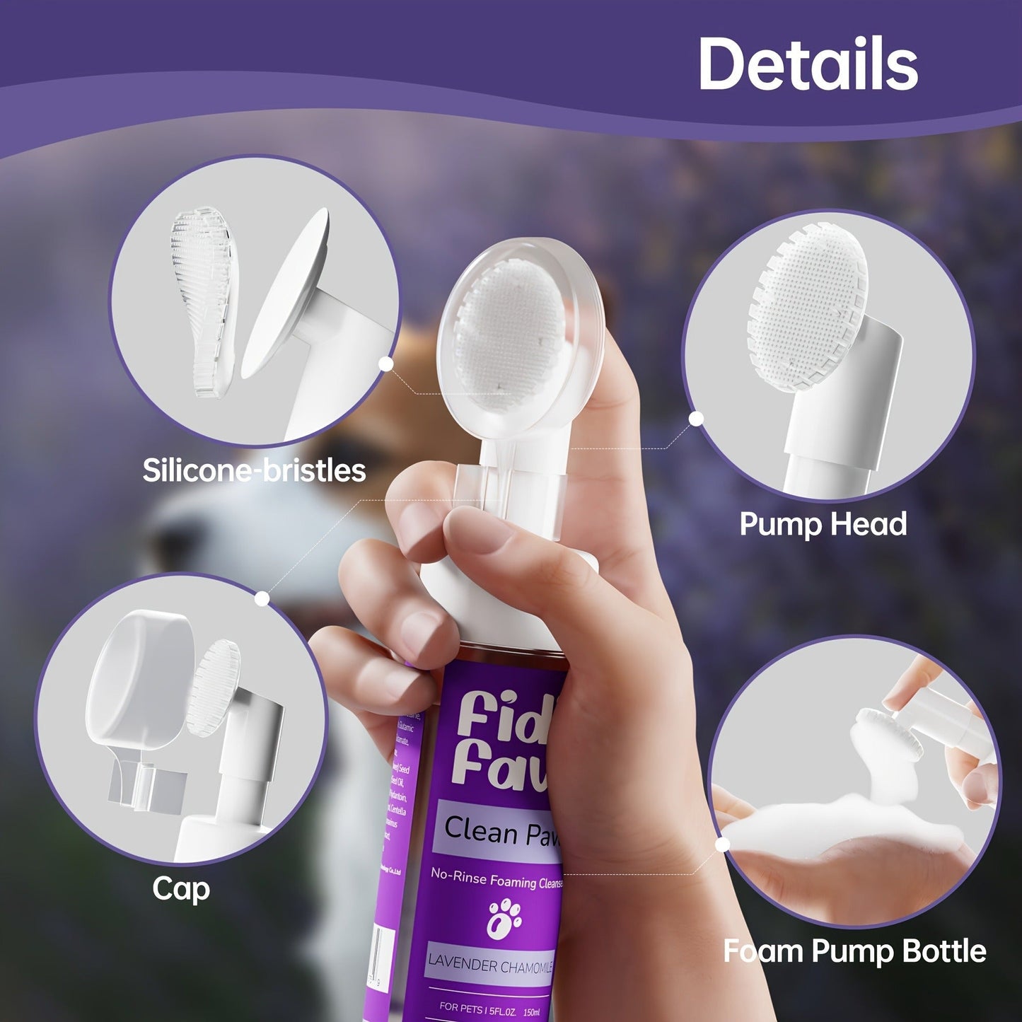 Dog Paw Cleaner No-Rinse with Soft Brush - pH Balanced Paw Wash for Dogs & Cats, 5oz Gentle Grooming Cleanser in Lavender Chamomile, Lemongrass Sage & Fragrance-Free