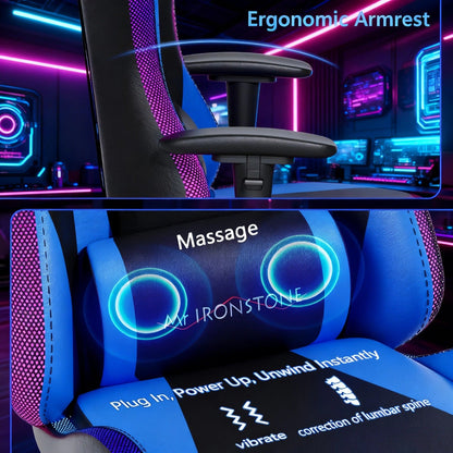 Gaming Chair with Massage and Bluetooth Speaker – RGB LED Lights, 135° Reclining with Footrest, 7-Point Vibration, 3D Adjustable Arms, 360° Swivel, Heavy Duty 400 lbs Big & Tall Ergonomic Chair, Blue Black