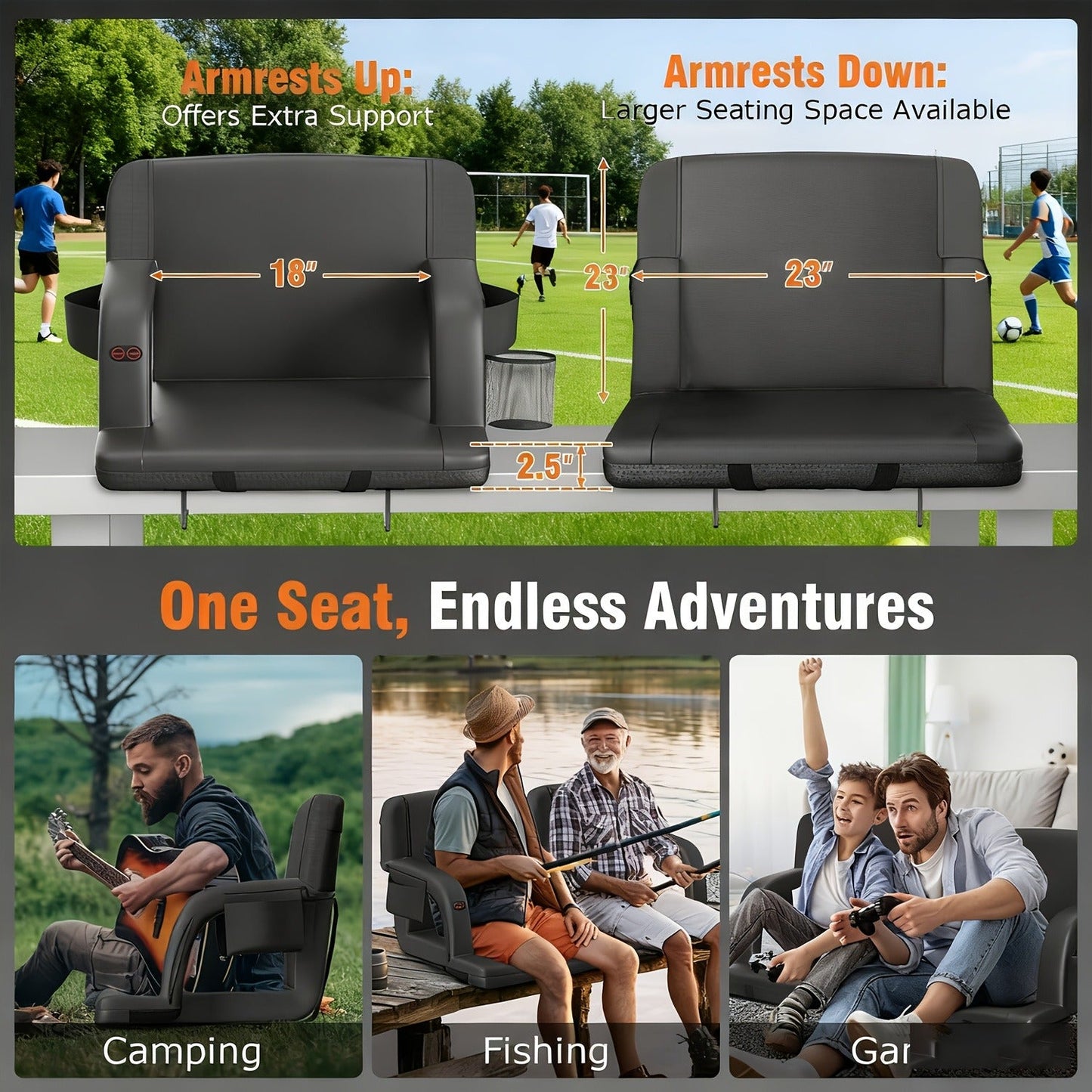 Heated Stadium Seat with Back Support for Bleachers 6 Reclining Positions 3 Heat Levels Dual-Zone USB Heated Bleacher Chair with 5 Storage Pockets Adjustable Armrests Portable Backpack Strap for Sports Games Concerts Outdoor Events