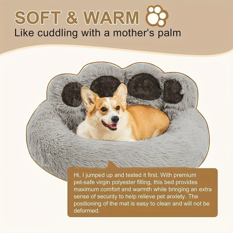 Dog Bed & Cat Bed Plush Bear Paw Print – Soft Warm Pet Bed for Small Medium Large Dogs, Thickened Long Plush, No Assembly, Autumn Winter Pet Sleeping Bed in Coffee Pink Gray