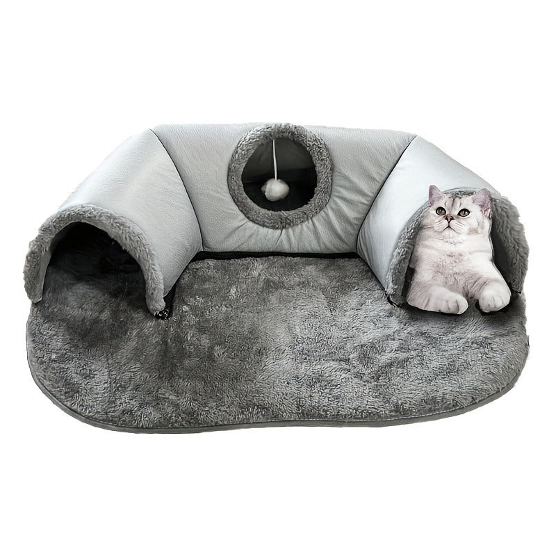 Cat Tunnel Bed 3-in-1 Play Mat & Warm Nest with Non-Slip Base, Durable Chew-Resistant Polyester Cat Bed for Indoor Cats, Soft Gray White Design, S & M Sizes for Cats Rabbits Hamsters