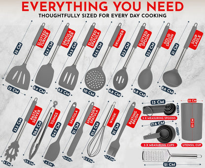 Silicone Kitchen Utensils Set 25pcs Nonstick Cooking Utensils with Stainless Steel Handle Food-Grade Silicone Spatulas Spoons Tongs Complete Kitchen Tool Set for Indoor Outdoor Cooking Grey Black Coffee