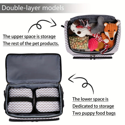 Pet Travel Backpack Double Layer Dog Cat Supplies Bag with 2 Collapsible Bowls 2 Food Baskets Portable Organizer for Outdoor Hiking Camping Road Trip