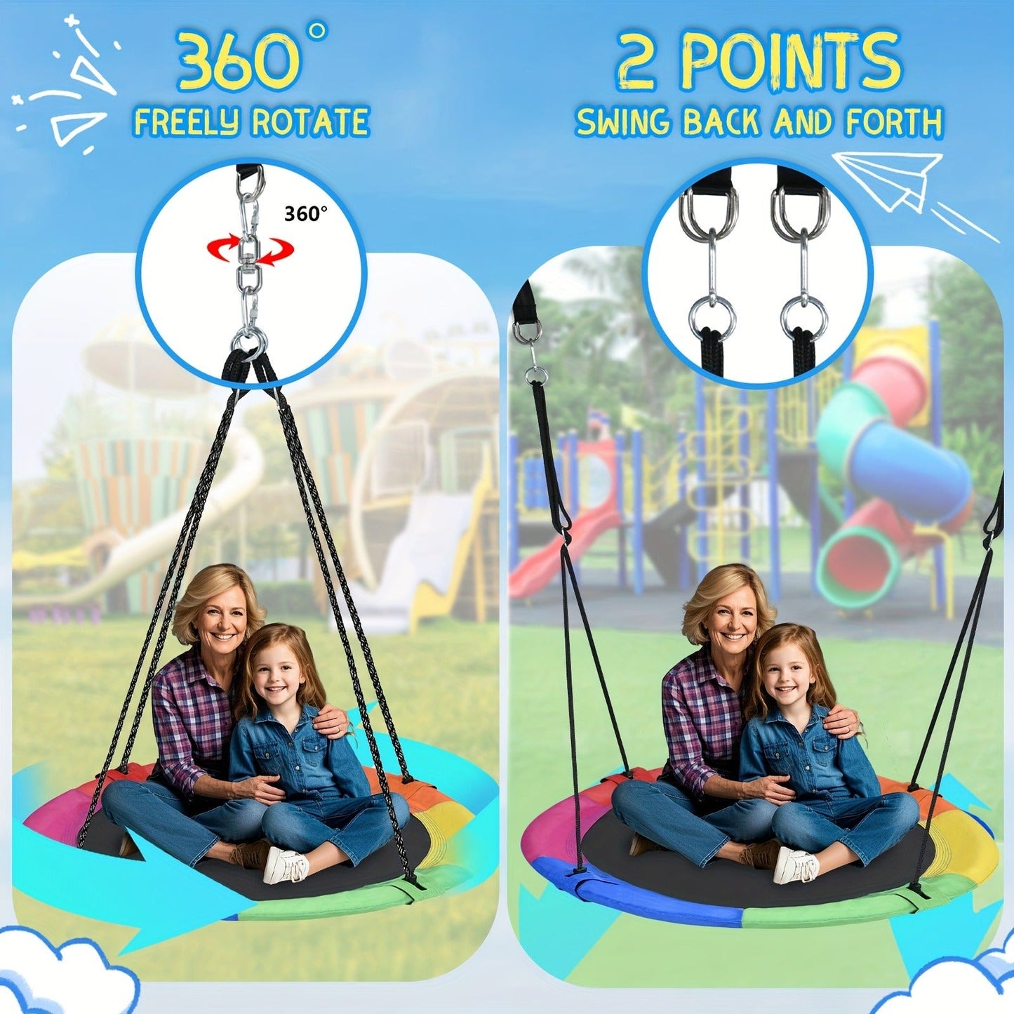 Saucer Tree Swing 43 Inch 360 Degree Rotating Flying Saucer Swing with Swivel Hanging Straps Adjustable Ropes Round Spinner Swing for Tree Swing Set Kids Outdoor