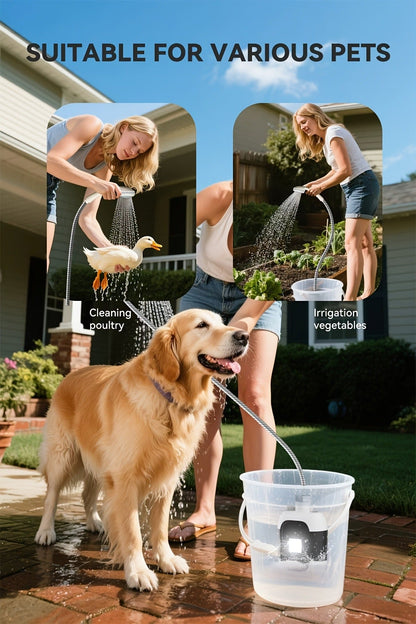 Portable Outdoor Shower with Light 2-in-1 – 2000mAh Rechargeable, Power Display, Spray Nozzle, Hose & Suction Cup – Camping, Hiking, Pet Bathing & Car Cleaning Shower Pump