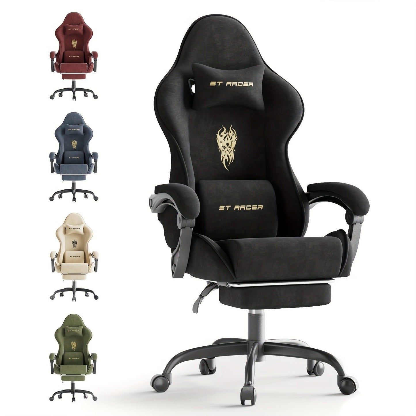 Gaming Chair Ergonomic Esports Chair – Skin-Friendly PU Leather, Thickened Board, Linkage Armrest, Adjustable Footrest & Headrest, Multi-Angle Reclining Office Game Chair, Solid Color, Black or Red
