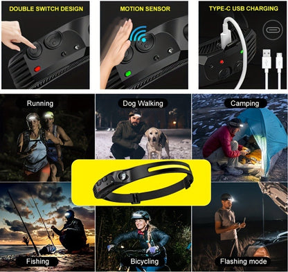 COB LED Headlamp 2 Pack 230° Wide Beam Motion Sensor Rechargeable Head Torch for Hiking Running Fishing Camping Hard Hat