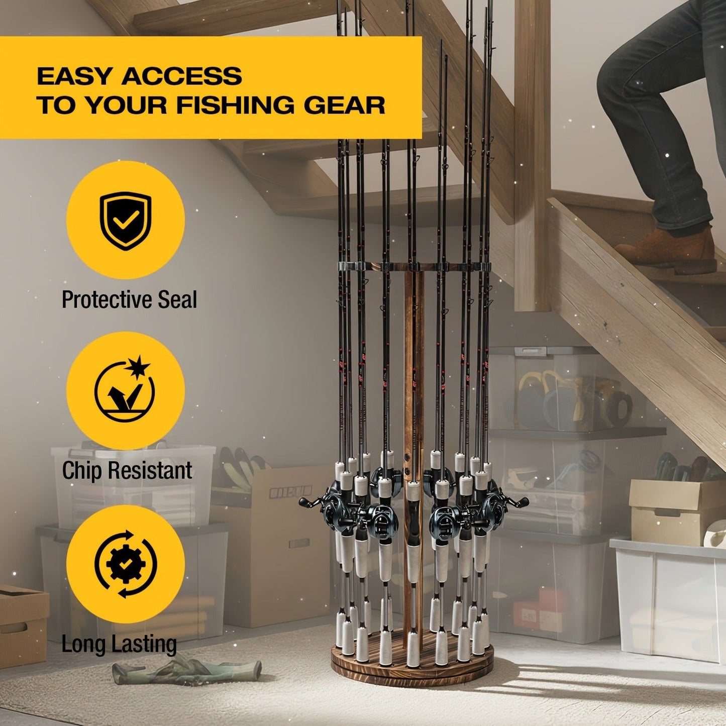Fishing Rod Rack Holds 16 Rods - Circular Wooden Pole Holder with 360° Rotating Base Option - Space-Saving Wall-Free Fishing Rod Organizer for Garage, Basement & Home Storage