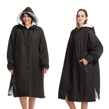 Changing Robe Fleece Lined Hooded – Long Sleeve Windproof Warm Surf Poncho for Swimming, Surfing, Diving, Camping & Hiking – 43.3x31.5in, 4 Colors: Navy, Black, Red, Blue
