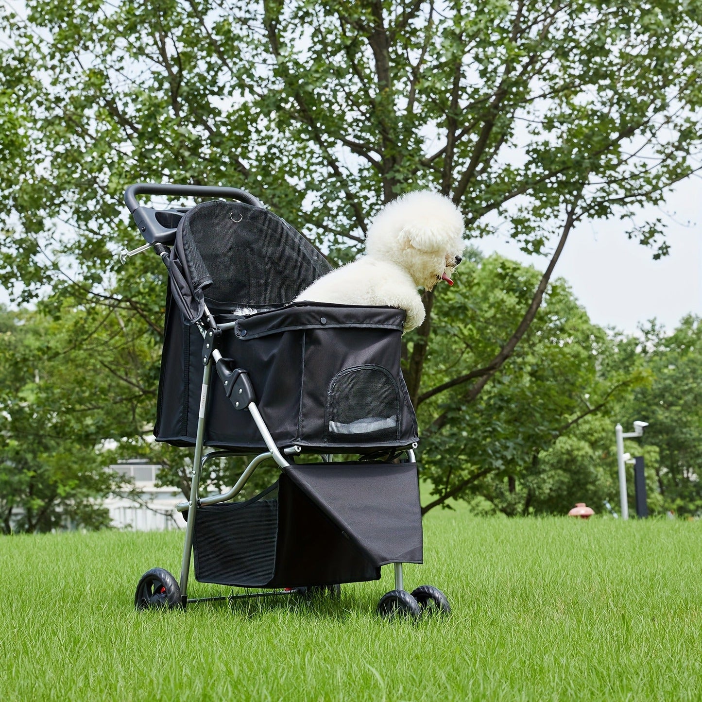 3-Wheel Pet Stroller for Small & Medium Dogs Cats - Foldable Jogger Stroller with Weather Cover, Storage Basket & Cup Holder, Breathable Mesh Window, All-Season Outdoor Walk Pram, Black