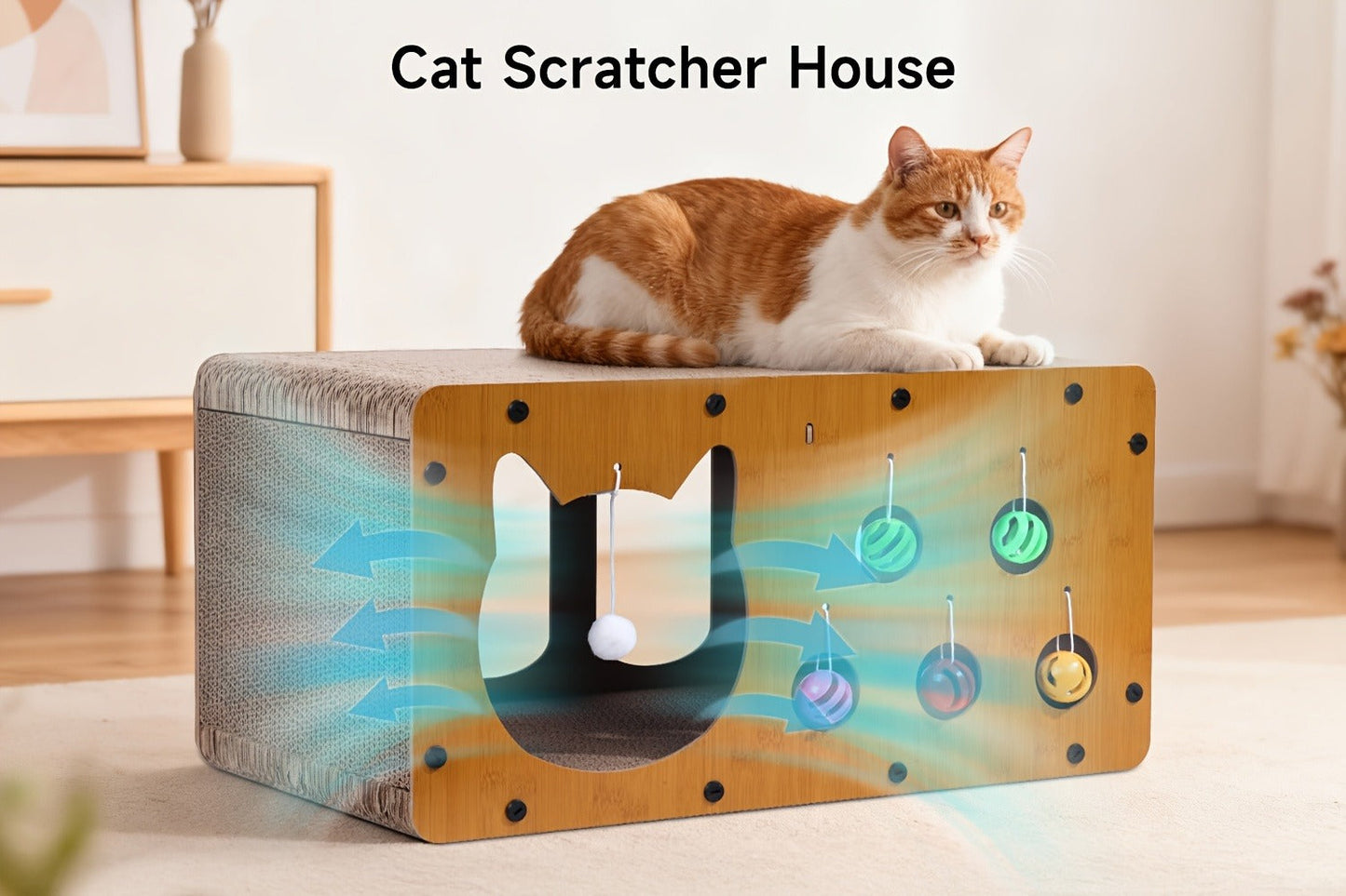 Cat Scratching Board with Interactive Rolling Ball – Multifunctional Cat Furniture for Scratching Playing & Resting, Sturdy Breathable Design, Perfect Cat Toy Gift for Indoor Cats