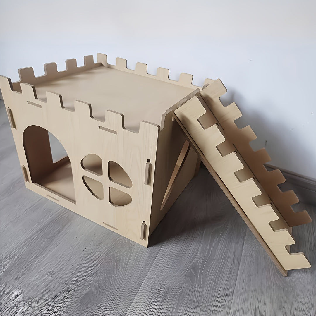 Wooden Rabbit Castle House – Detachable Solid Wood Hideout for Rabbits, Hamsters & Small Pets | Creative Splicing Toy Nest Playhouse