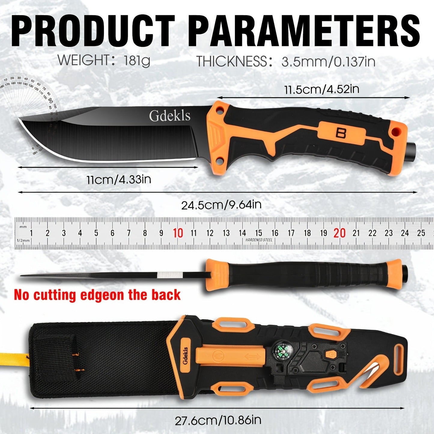 Fixed Blade Outdoor Camping Knife 9.64 Inch Stainless Steel, Survival Hunting Knife with Flint Fire Starter Night Light Sharpener Safety Sheath, Non-Slip Ambidextrous Handle for Hiking Mountaineering Adventure