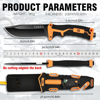 Fixed Blade Outdoor Camping Knife 9.64 Inch Stainless Steel, Survival Hunting Knife with Flint Fire Starter Night Light Sharpener Safety Sheath, Non-Slip Ambidextrous Handle for Hiking Mountaineering Adventure