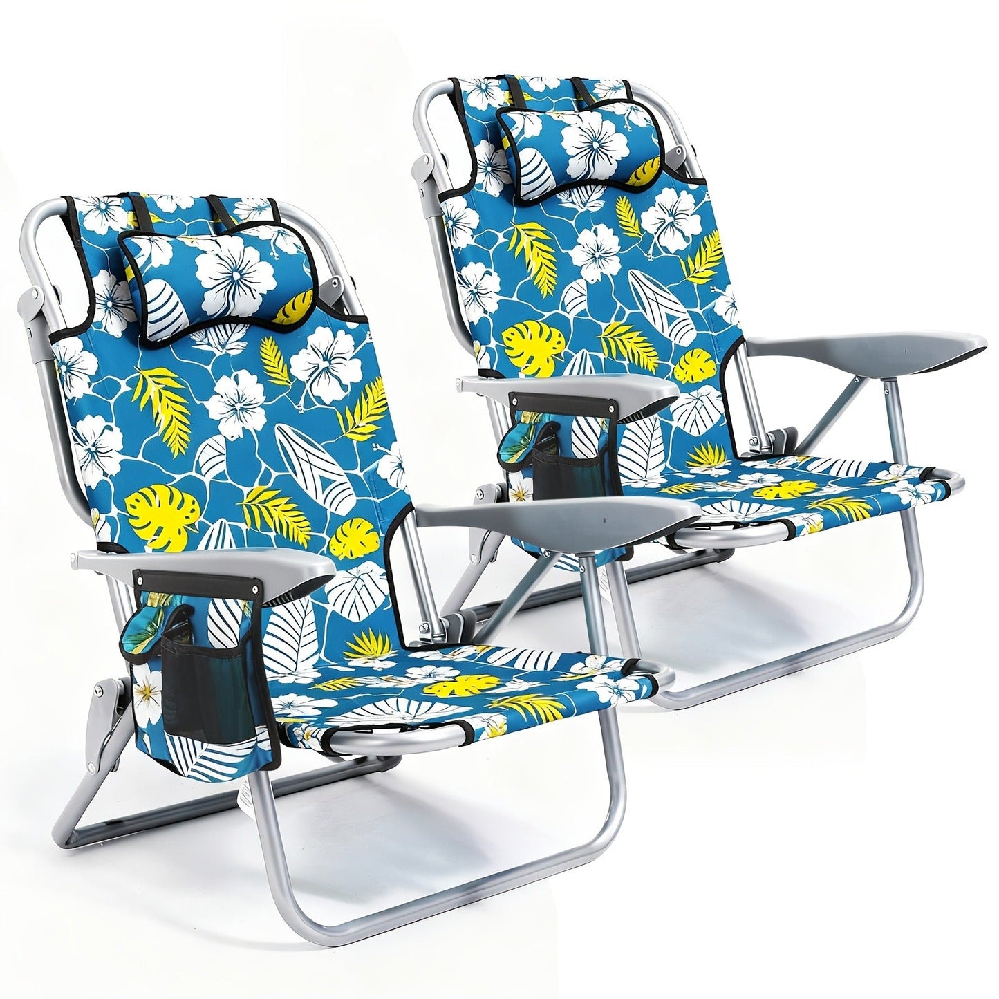Folding Beach Chair Lay Flat Camping Chair for Adults 4 Position Adjustable Backpack Chair with Cup Holder Towel Bar Cooler Pouch Lightweight Portable Outdoor Lounge Chair