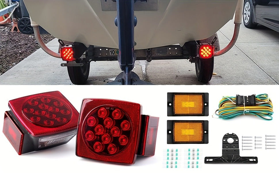 LED Trailer Light Kit 12V Submersible – Utility Trailer Lights for Boat, RV & Truck Under 80", Complete Wiring Harness, License Plate Bracket, Corrosion-Resistant Tail & Turn Signal Lights
