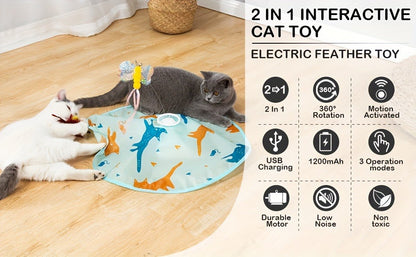 Interactive Cat Toy Electric Motion Activated 2-in-1 Rotating Butterfly & Feather Wand - USB Rechargeable 1200mAh Auto Shut-Off 3 Speed Modes Indoor Cat Exercise Toy by Valonii
