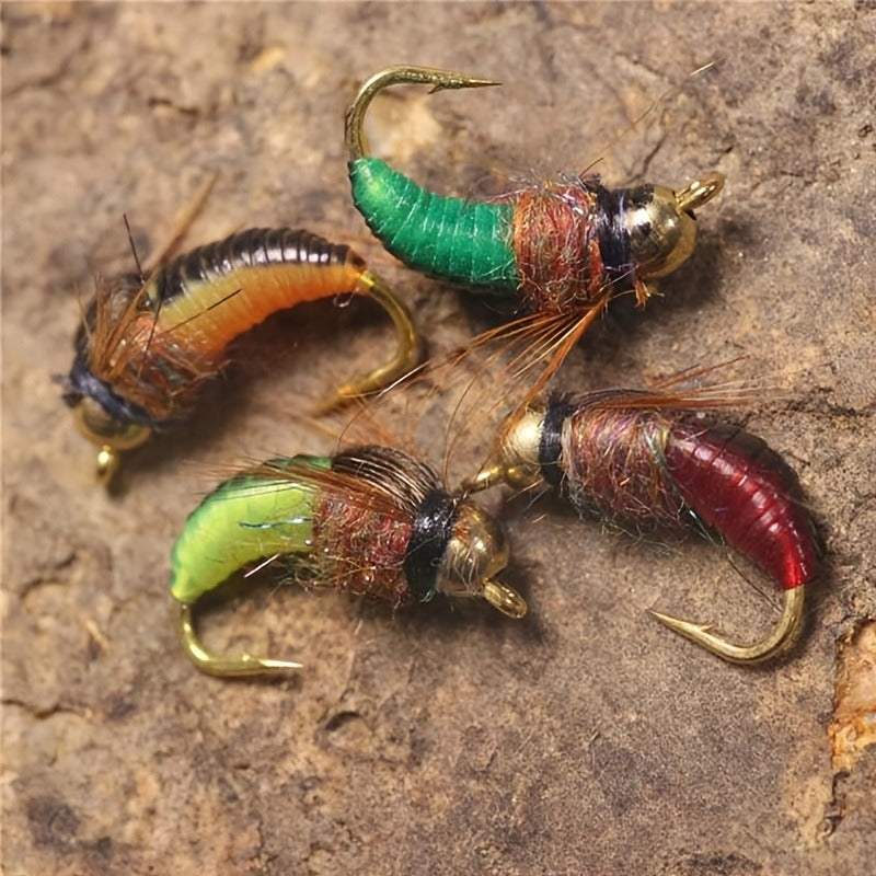 Trout Fly Fishing Flies Kit 24pcs - Brass Bead Head Caddis Nymph Lures Mixed Styles with Tackle Box, High Carbon Steel #10 Hooks for Bass Bluegill Trout Freshwater