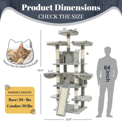 Large Multi-Level Cat Tree Tower – 68–81 Inch Tall Cat Condo with 2 Condos, 3 Plush Perches, Scratching Posts & Cat Hair Brush