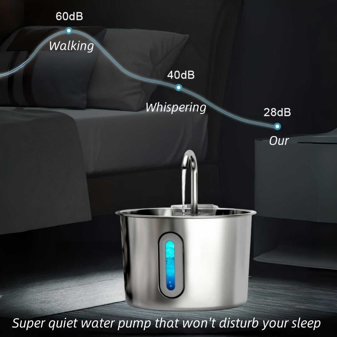 Stainless Steel Cat Water Fountain 74oz - 304 Food-Grade Steel, Ultra-Quiet USB Pump, 3-Stage Filtration, Visible Water Level Window, Auto Circulation for Cats & Small Dogs