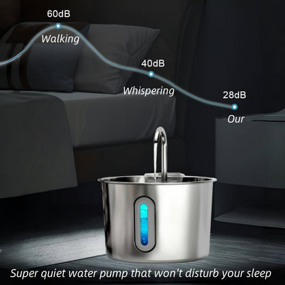 Stainless Steel Cat Water Fountain 74oz - 304 Food-Grade Steel, Ultra-Quiet USB Pump, 3-Stage Filtration, Visible Water Level Window, Auto Circulation for Cats & Small Dogs