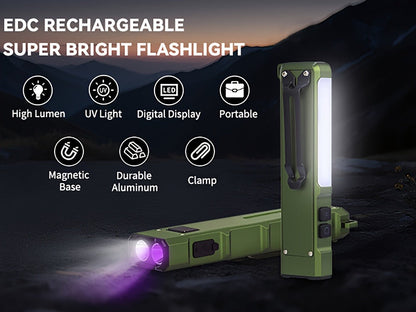 Magnetic LED Flashlight 9 Modes UV Side Light Digital Display 1500mAh Rechargeable Aluminum Torch for Home Emergency Camping