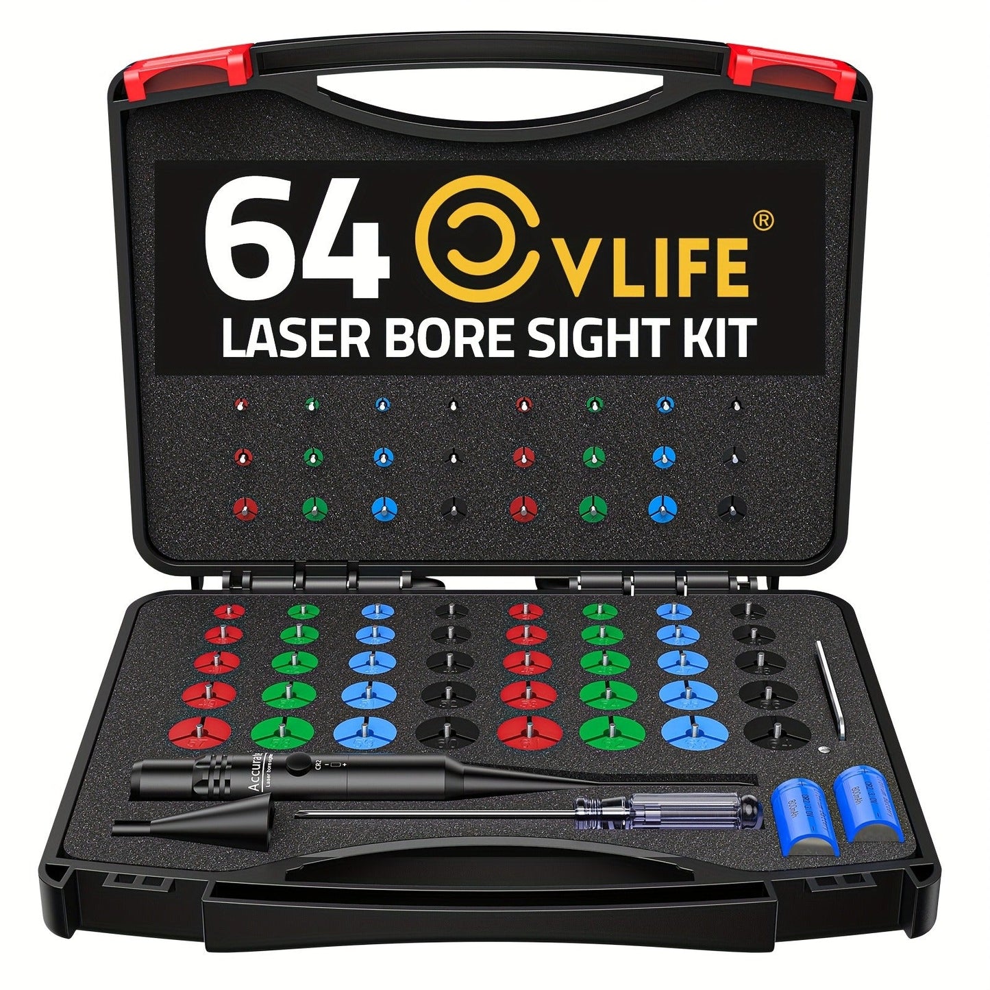 Red Laser Bore Sight Kit with 64 Adapters | Professional Multi-Caliber Boresighter for .17 to 12GA Rifles, Pistols & Handguns – Color-Coded Adapters, 40-Hour Battery & Portable Case Included
