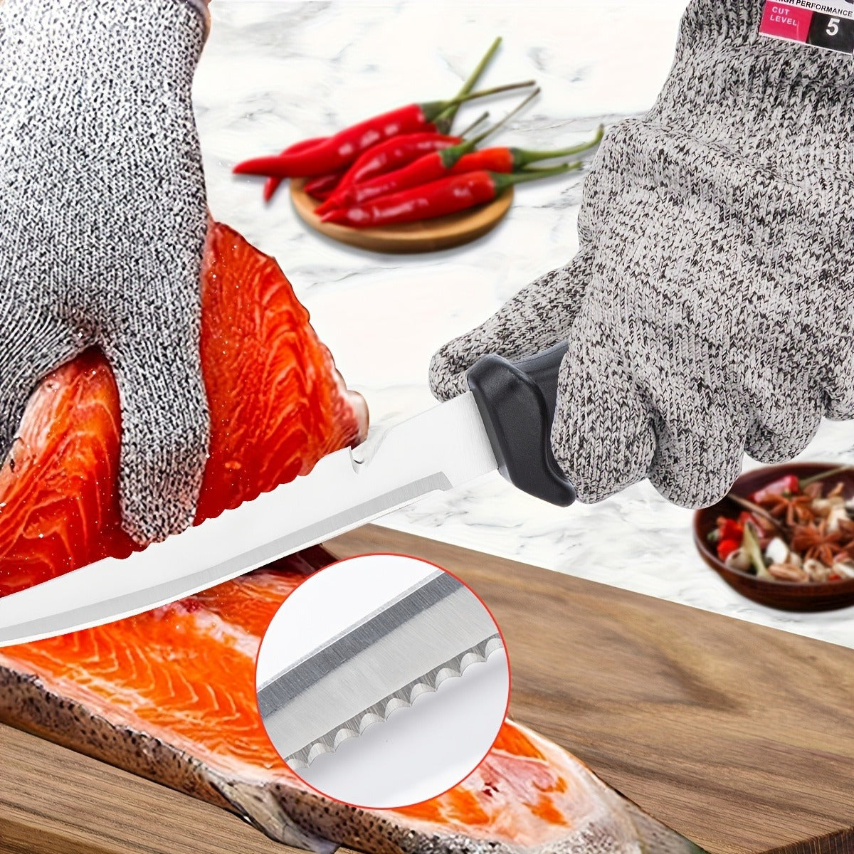 Fishing Knife Set 3-Piece Stainless Steel Fillet Boning Knife with Cut Resistant Gloves Fishing Line Cutter Stretch Rope for Fishing Camping Carving