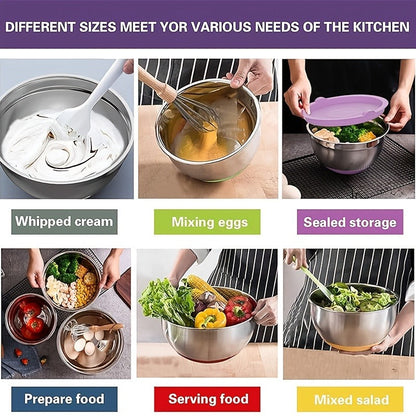 Stainless Steel Mixing Bowls Set with Airtight Lids 7 Piece, Stackable Nesting Bowls with Measuring Spoons Whisk Spatula Tongs Basting Brush, Dishwasher Safe Kitchen Bowls for Cooking Baking Camping Travel