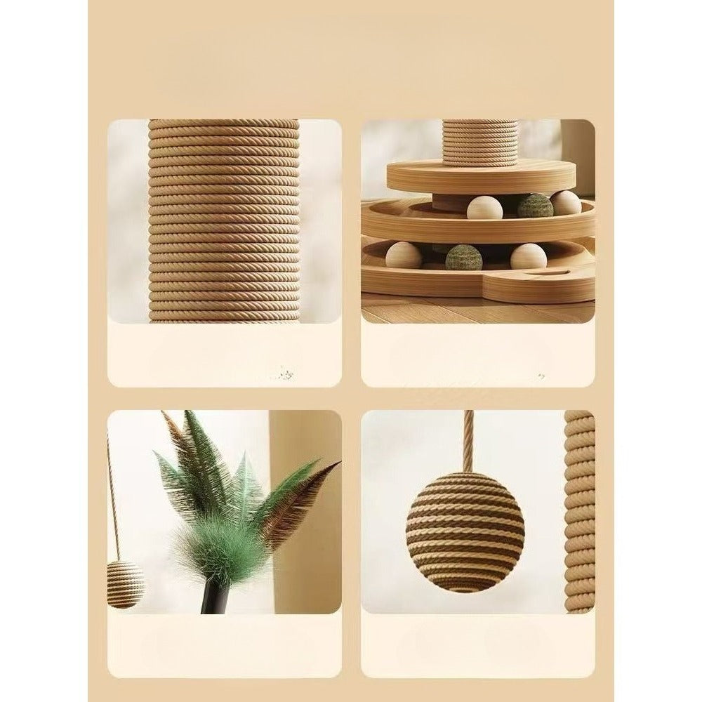 Sisal Cat Scratching Post with Hanging Ball & Turntable Interactive Toy 18.1 Inch - Sturdy Non-Slip Base Suction Cup Bottom for Kittens & Adult Cats, Furniture Protector Scratcher