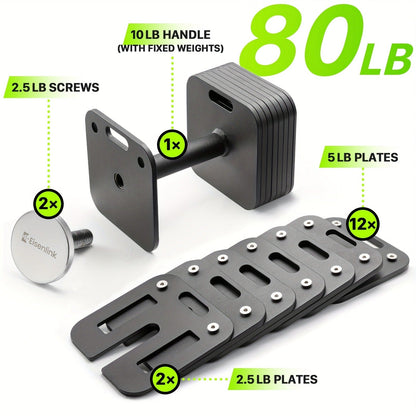 Quick-Lock Adjustable Dumbbell Set 10–80LB – 5LB Increments Square Weight Plates for Home Gym Fitness, Compatible Longer Screws & Add-On Plates Available