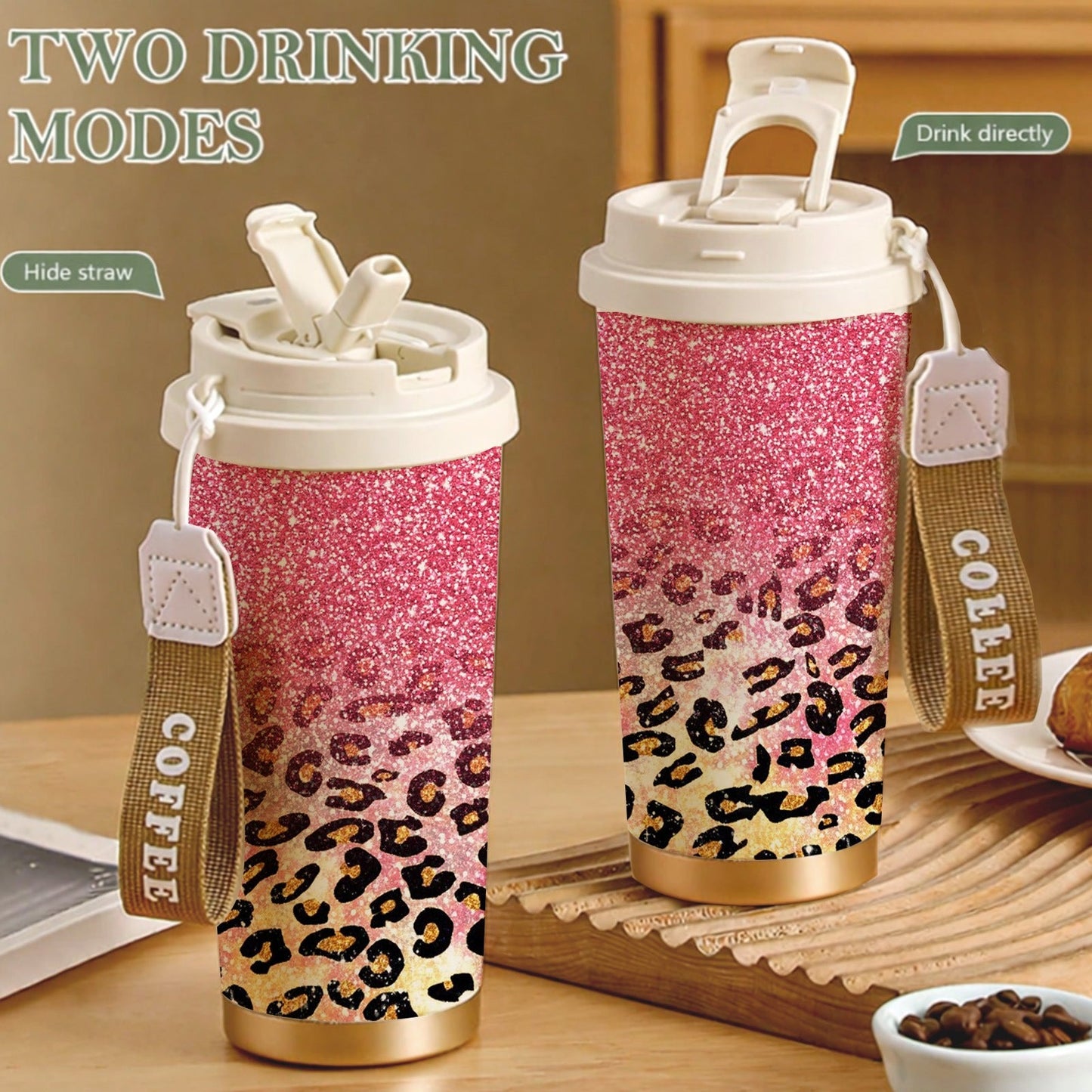 Insulated Stainless Steel Tumbler 18oz - Pink Glitter & Golden Leopard Print, Leak-Proof Foldable Straw Lid, Keep Hot 12H Cold 24H, Trendy Travel Coffee Cup Gift for Women