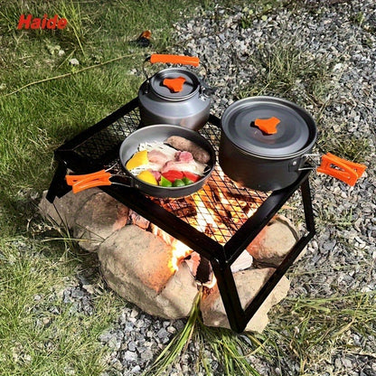 Portable Camping Bonfire Grill with Storage Bag – Heavy Duty Iron Barbecue Rack for Outdoor Picnic, RV Party & Firewood Heating, Includes Food Clips and Cleaning Cloths, Great Men's Gift