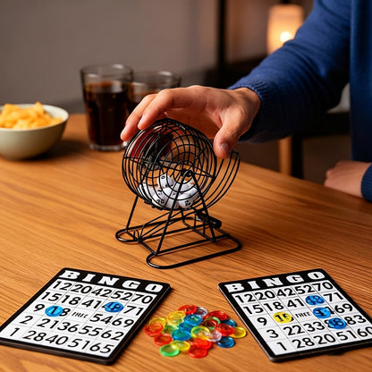 Deluxe Bingo Game Set with Stainless Steel Metal Cage | Includes Bingo Balls Cards & Colorful Chips | Classic Family Board Game for Game Nights Parties and Large Groups