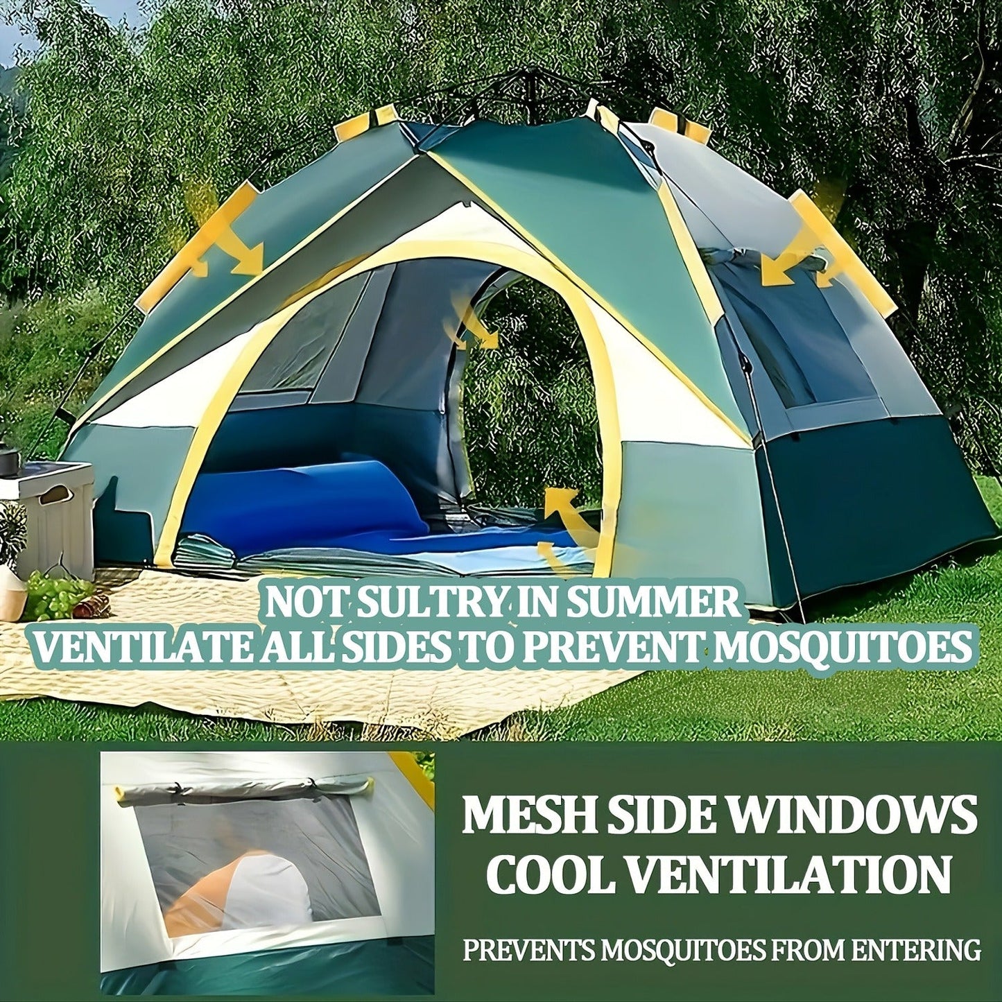 Automatic Pop-Up Camping Tent 4 Person UV Protection Insect Net Sunshade Waterproof Instant Setup Beach Park Outdoor Family Tent
