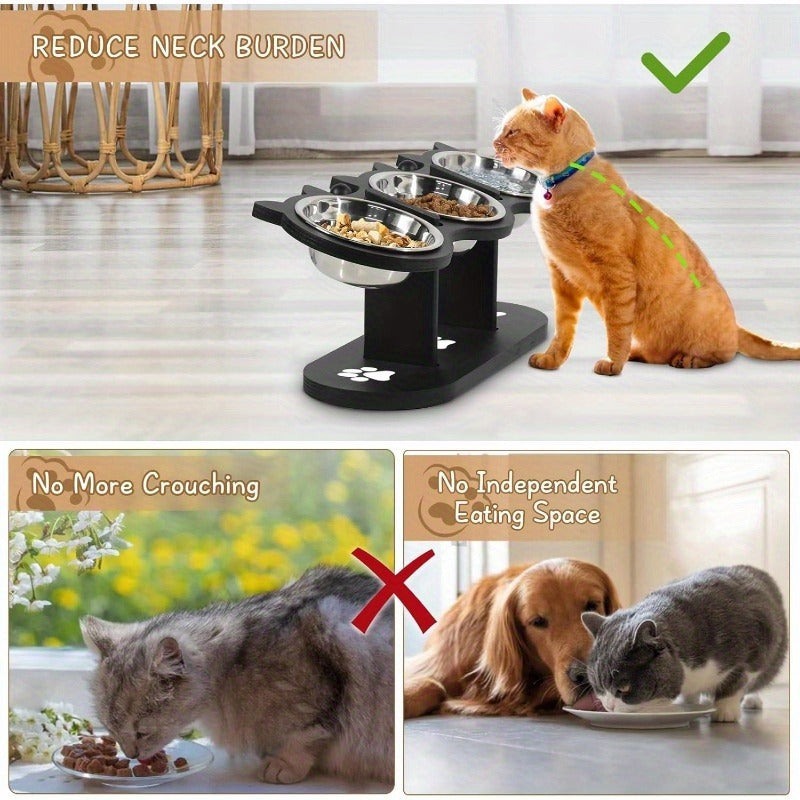 Elevated Cat Bowl Stand with Tilted Stainless Steel Bowls - Adjustable Raised Feeder, Anti-Spill, Black Wood Base for Cats & Small Dogs