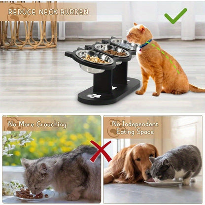 Elevated Cat Bowl Stand with Tilted Stainless Steel Bowls - Adjustable Raised Feeder, Anti-Spill, Black Wood Base for Cats & Small Dogs