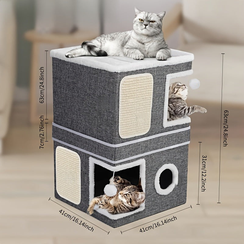 Multi-Tier Cat House & Indoor Cat Cube Bed - Foldable 2-Level Cat Tree with Scratching Post, Toy Tunnel & Plush Hanging Ball, Space-Saving Nylon Canvas Cat Furniture 16.5x16.5x13in for Small Spaces