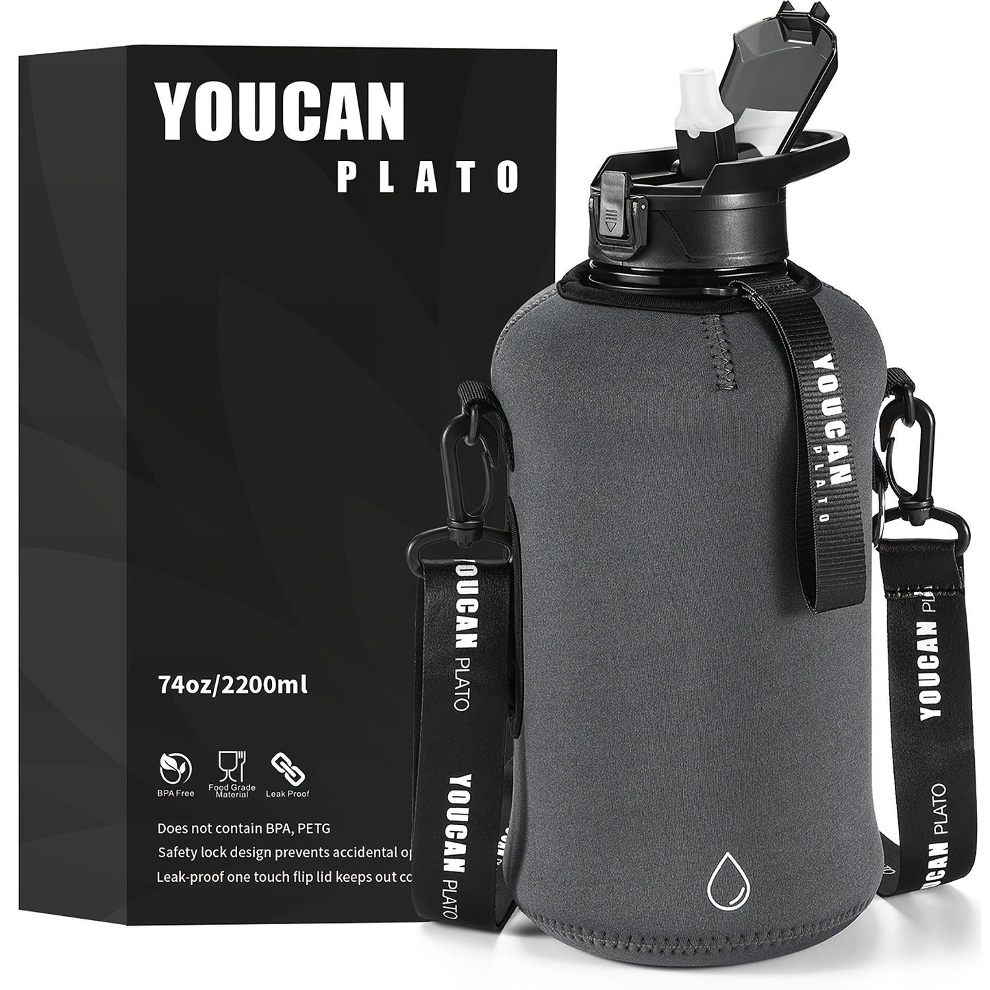Half Gallon Water Bottle 74oz with Insulated Sleeve, Straw & Time Marker – BPA Free Leakproof Large Sports Jug with Carrying Handle & Strap for Gym, Fitness & Outdoor