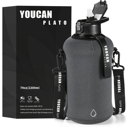 Half Gallon Water Bottle 74oz with Insulated Sleeve, Straw & Time Marker – BPA Free Leakproof Large Sports Jug with Carrying Handle & Strap for Gym, Fitness & Outdoor