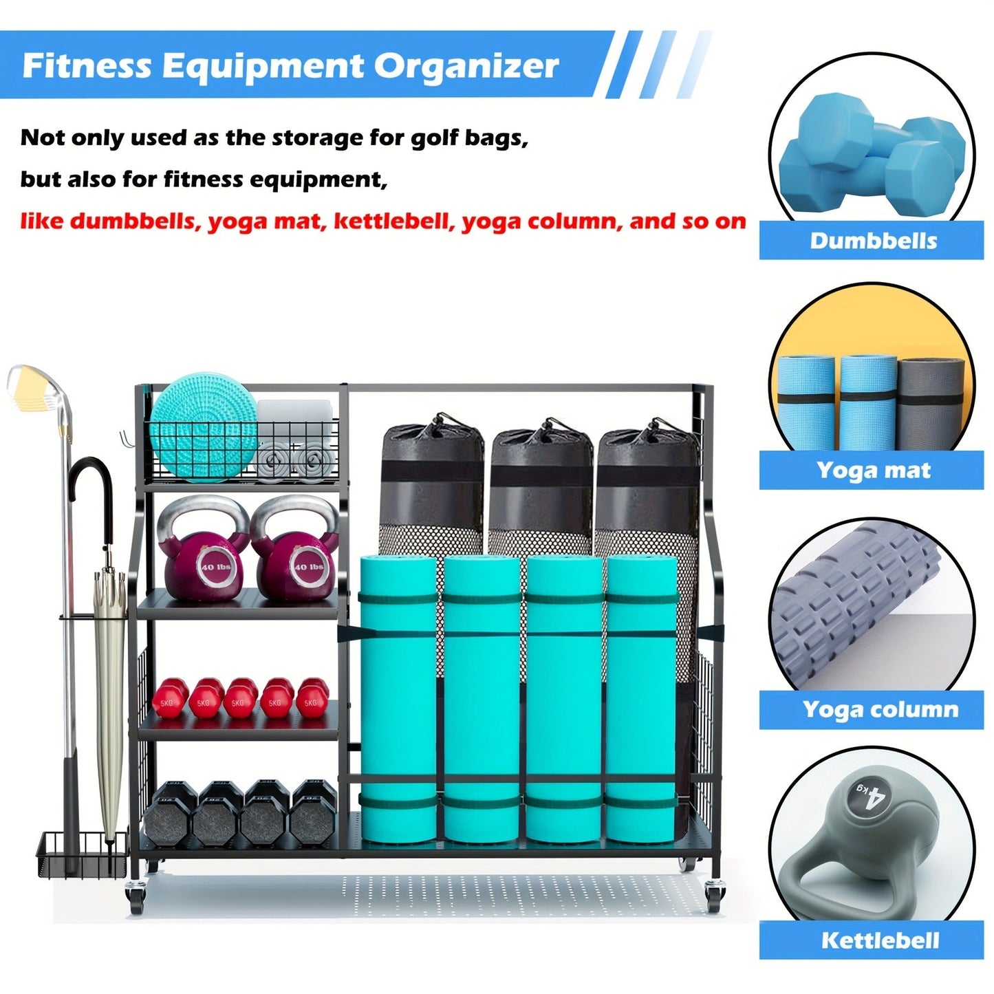 Golf Bag Storage Rack & Organizer for Garage – Extra Large Golf Club Holder Stand for 2 Bags, Heavy Duty Golf Equipment Accessories with Optional Side Pocket