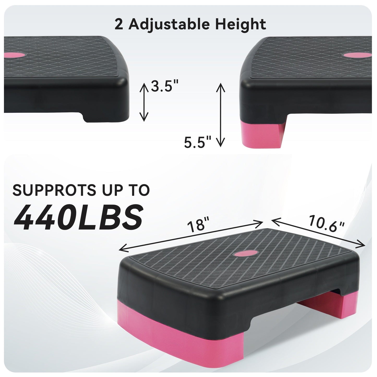 Aerobic Step Platform Adjustable Height with 2 Risers – Non-Slip Workout Stepper 18"x11", 440 LB Capacity, Space-Saving Design for Home Gym Cardio, Strength & Toning, 4 Color Options
