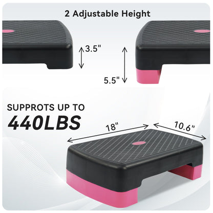 Aerobic Step Platform Adjustable Height with 2 Risers – Non-Slip Workout Stepper 18"x11", 440 LB Capacity, Space-Saving Design for Home Gym Cardio, Strength & Toning, 4 Color Options