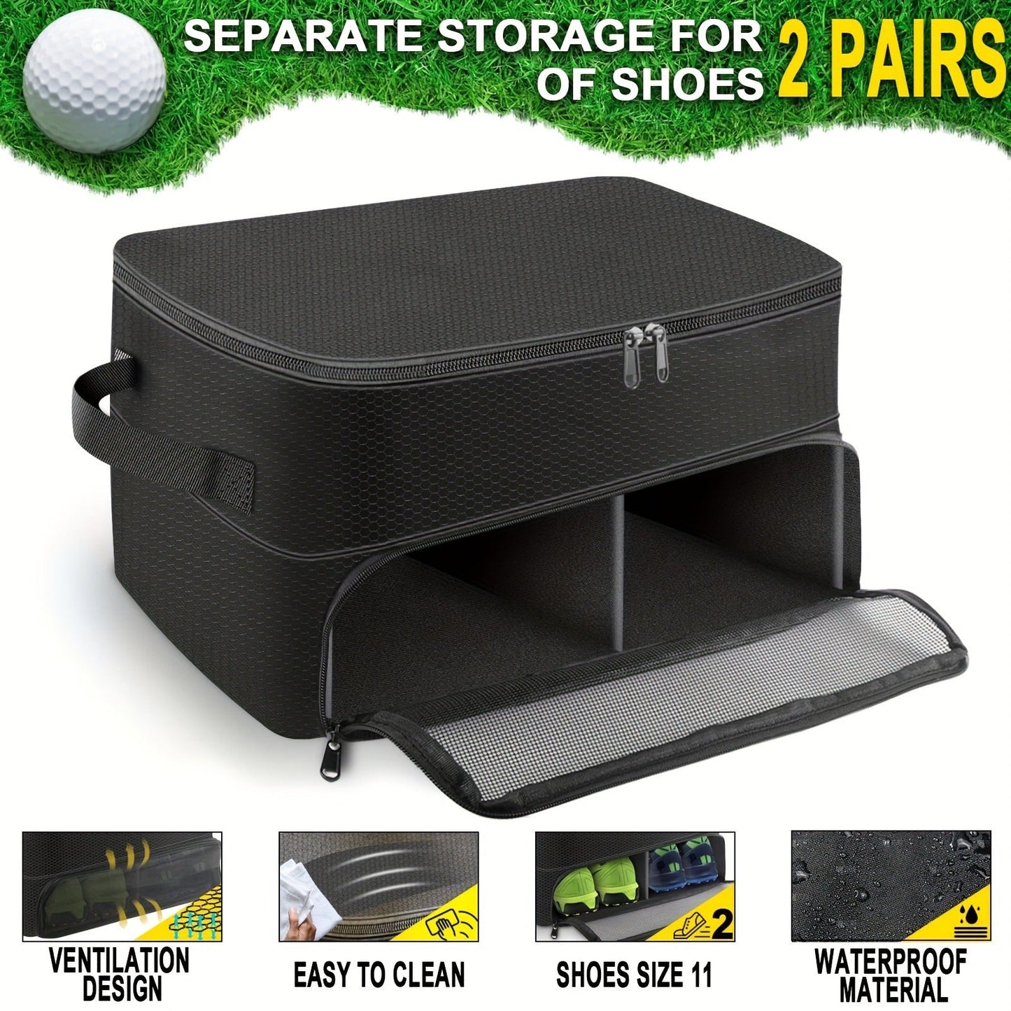 Golf Organizer Storage Box with Compartments and Mesh Pockets Durable Golf Accessory Case for Golf Balls Shoes Gloves Tees and Essentials