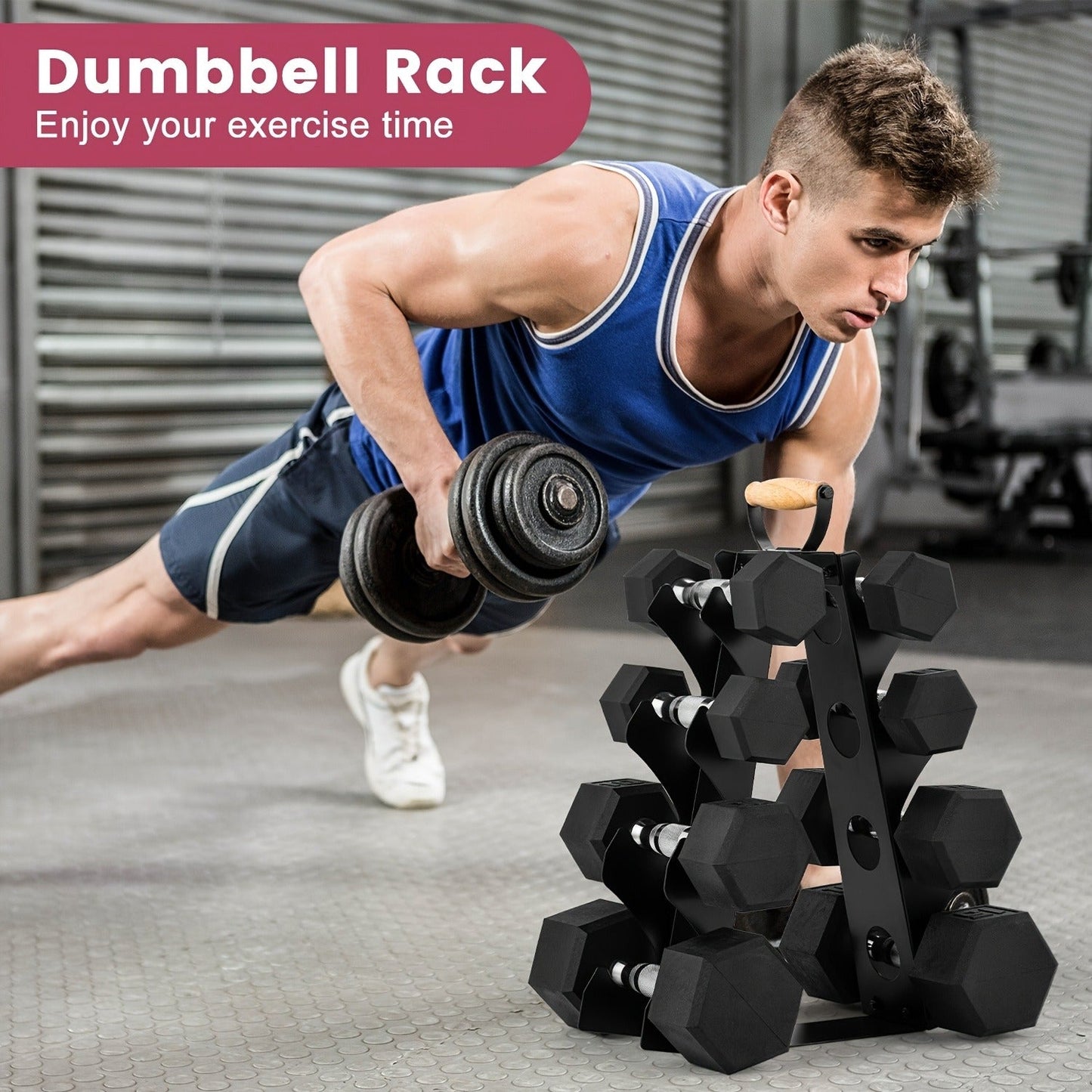 Weight Rack Stand 4-Tier A-Frame with Wooden Handle – Space-Saving Dumbbell Storage for Home Gym, Holds 5–15LB Hex & Rubber Dumbbells, Easy Assembly