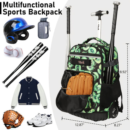 Wheeled Sports Backpack with Wheels – Large Capacity Baseball Softball Soccer Bag Multiple Pockets for Daily Commuting